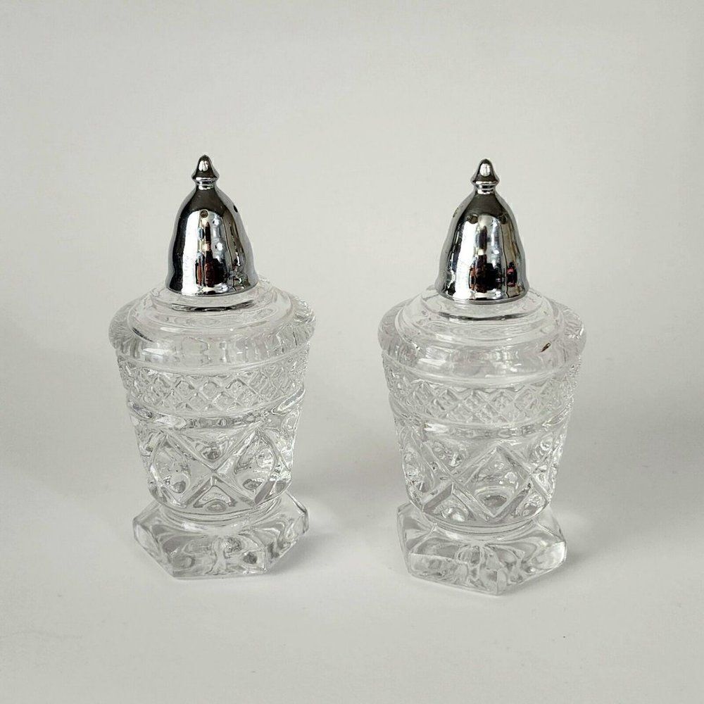 Crystal Imperial 4" Cape Cod Pair of Footed Salt & Pepper Shaker w Metal Lid Set
